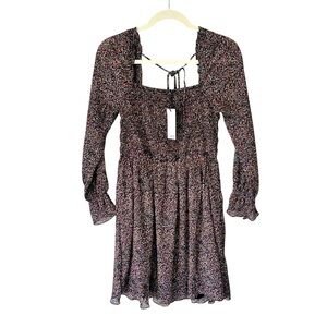 Dex Black Pink Floral Long Sleeve Smocked Tie Back Boho Mini Dress- Size S